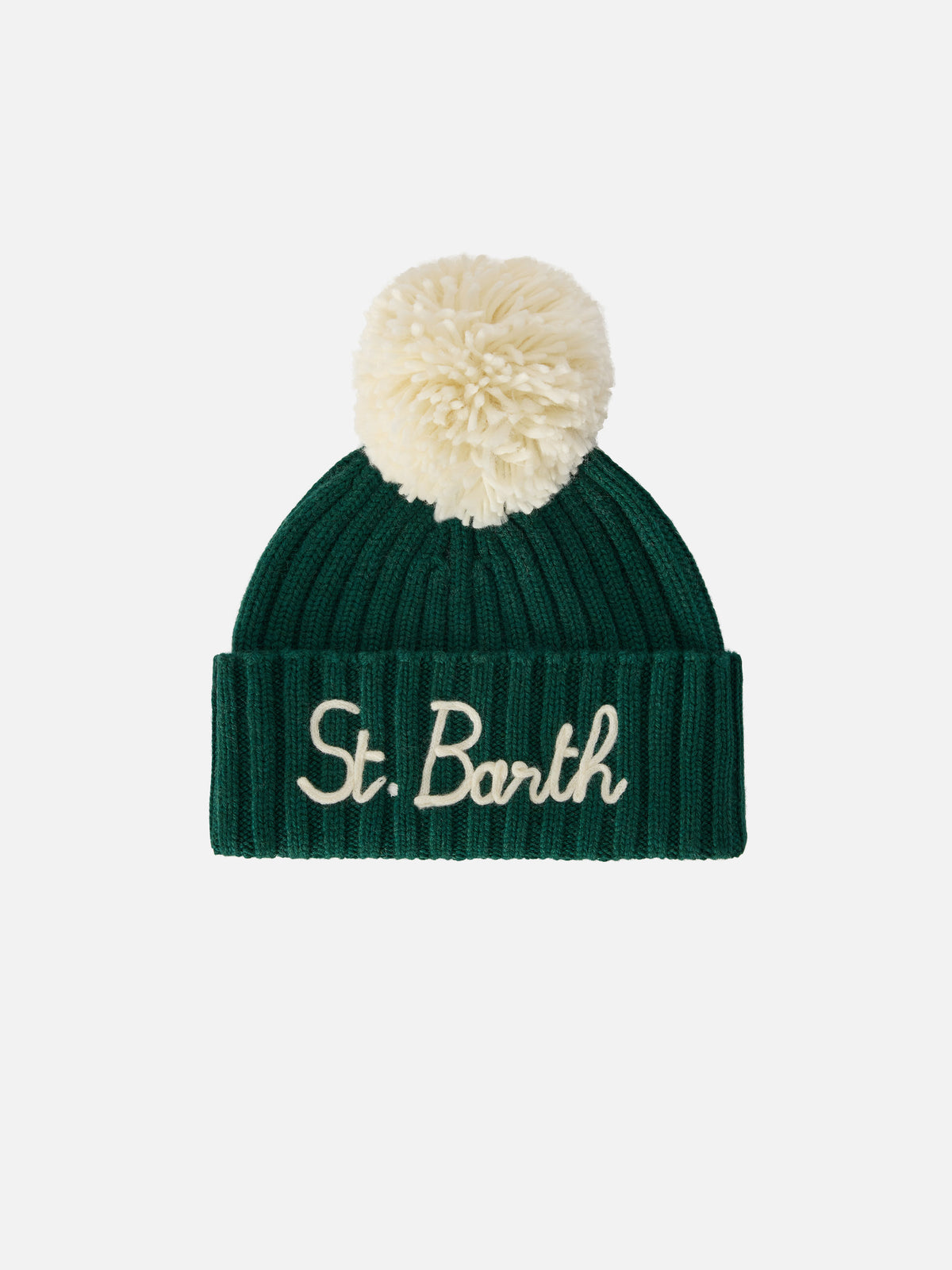 Green Wengen beanie with pompom and St. Barth embroidery