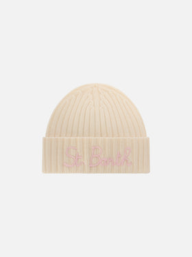 Off white Wengen beanie with pink St. Barth embroidery