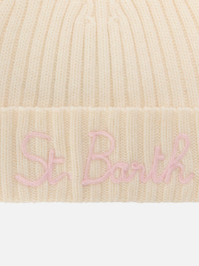 Off white Wengen beanie with pink St. Barth embroidery
