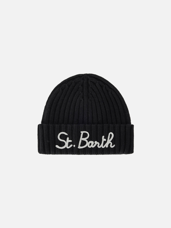 Bonnet Wengen noir avec broderie St. Barth 