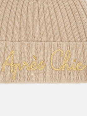 Wengen beanie in cashmere blend in beige with lurex Après Chic embroidery and pom-pom