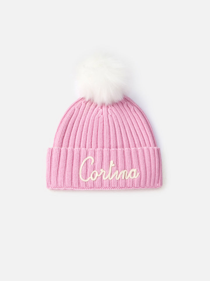 Woman pink ribbed hat Wengen with Cortina embroidery - MC2 Saint Barth