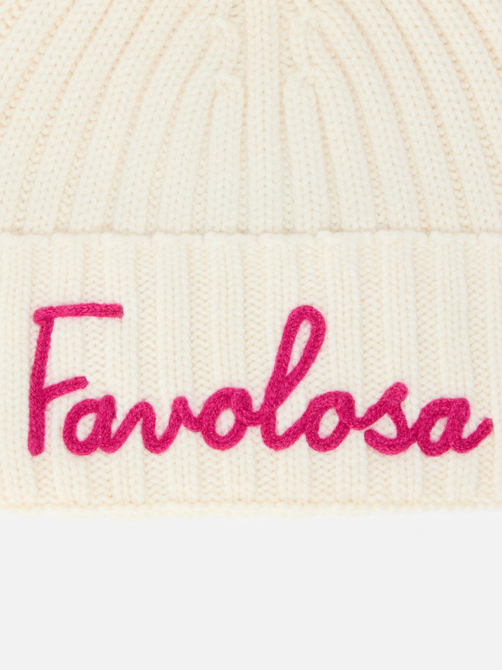 Wengen Jr F beanie in cashmere blend in white with Favolosa embroidery