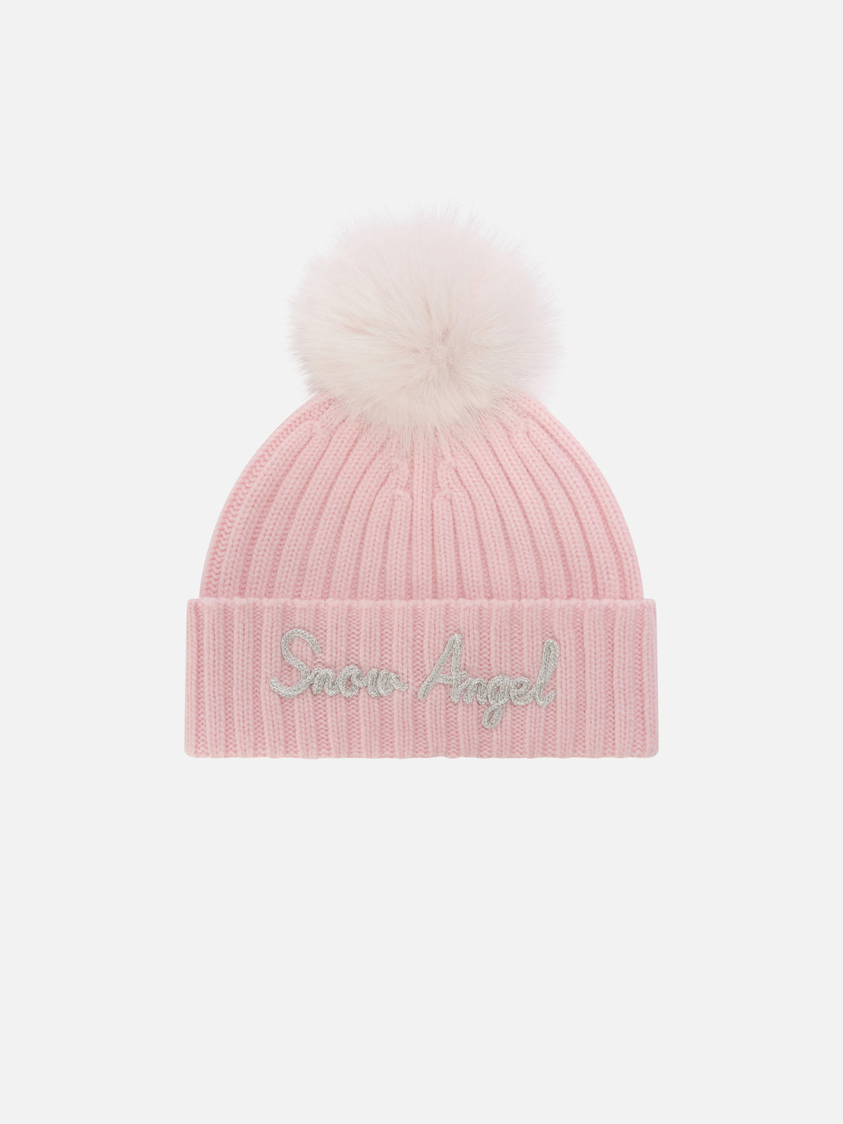 Pink Wengen beanie with pompom and Snow Angel embroidery