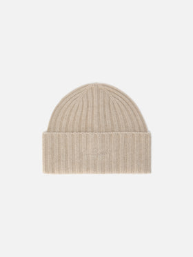 Wengen beanie in cashmere in khaki with St. Barth embroidery on the turn-up