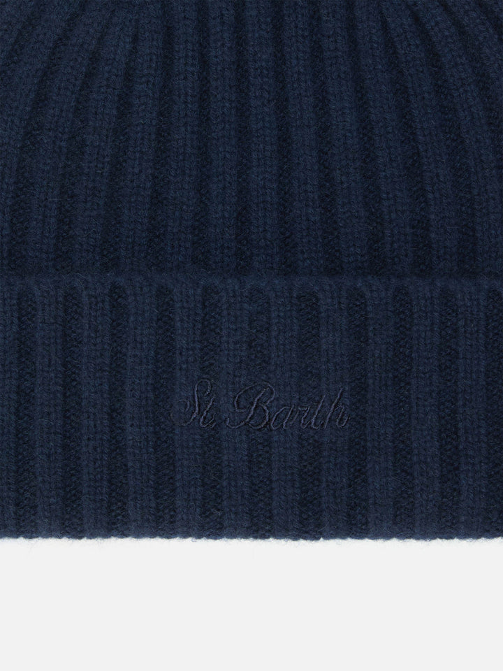 Wengen beanie in cashmere in navy blue with St. Barth embroidery on the turn-up