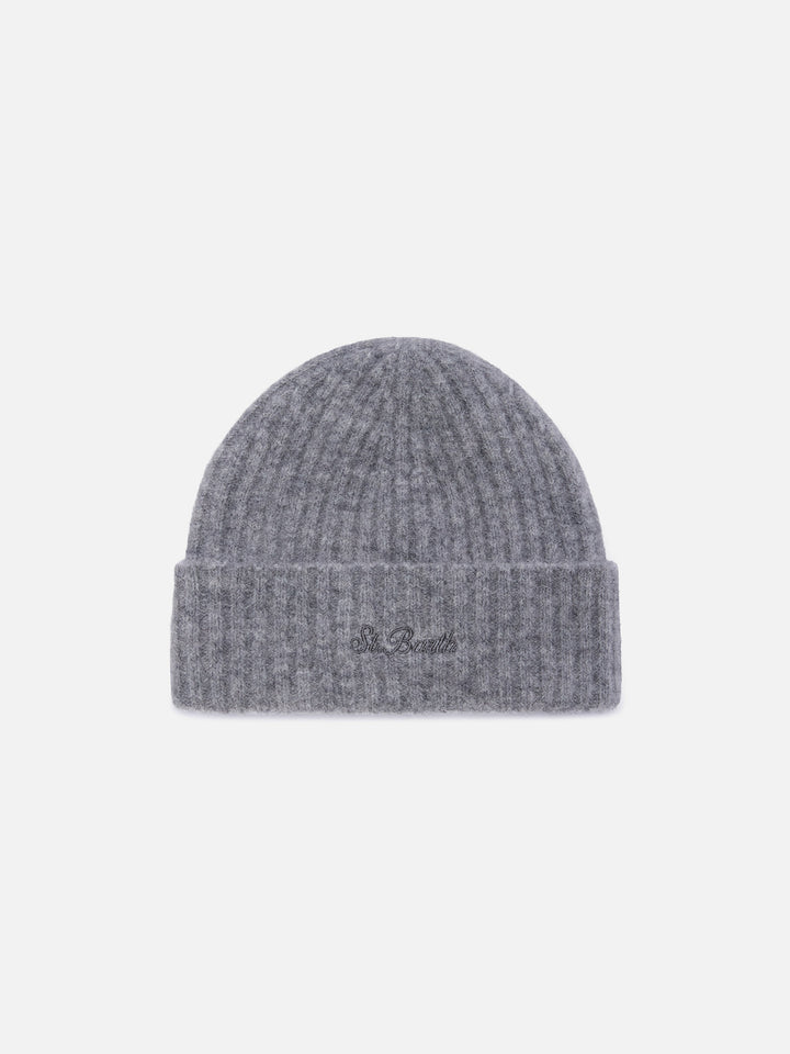 Graue Wengen Beanie aus Alpaka-Mix mit gesticktem Logo 