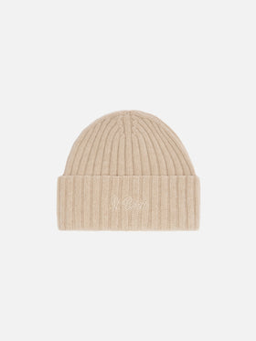 Berretto Wengen in lana beige con ricamo St. Barth sul risvolto