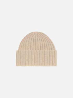 Berretto Wengen in lana beige con ricamo St. Barth sul risvolto