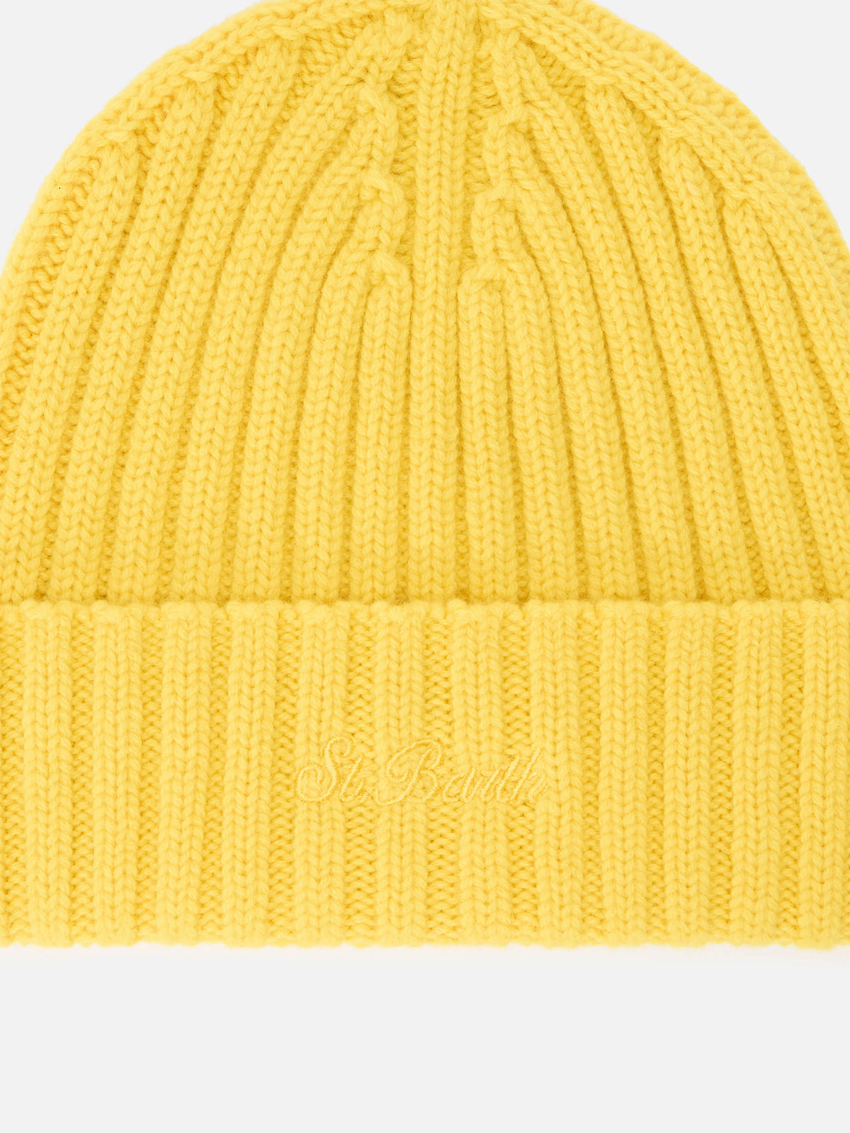 Gelbe Wengen Beanie aus Wolle mit Logostickerei 