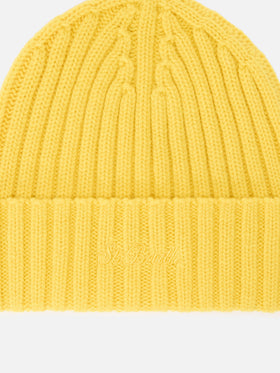 Gelbe Wengen Beanie aus Wolle mit Logostickerei 