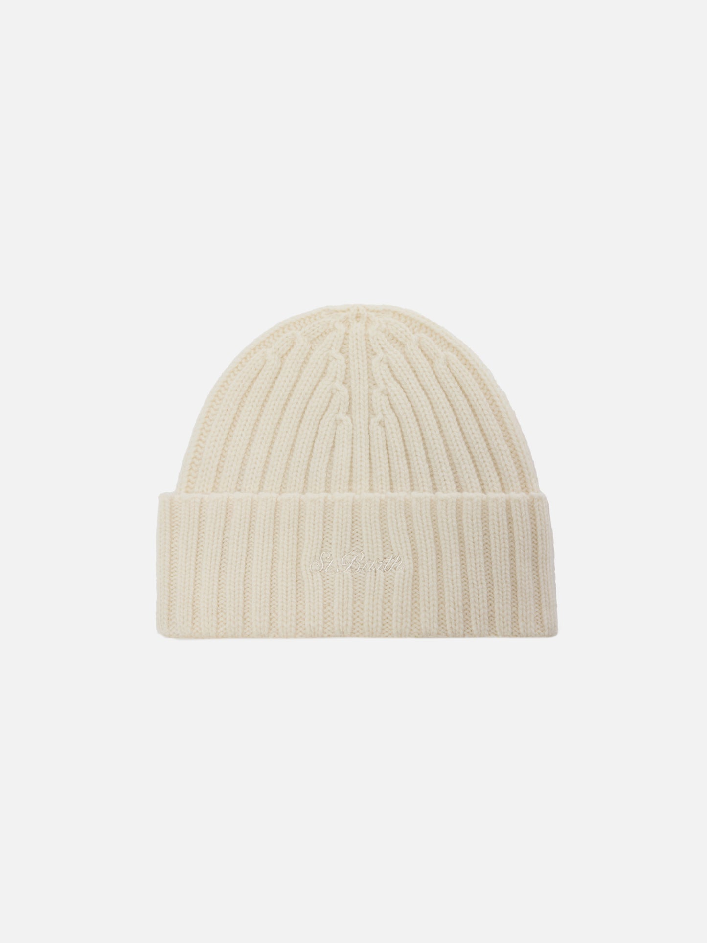 Gorro Wengen en blanco roto de 100% WOOL con bordado St. Barth 