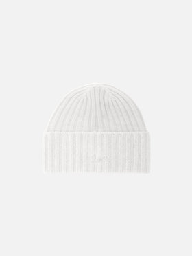 Wengen beanie in white cashmere with St. Barth embroidery on the turn-up