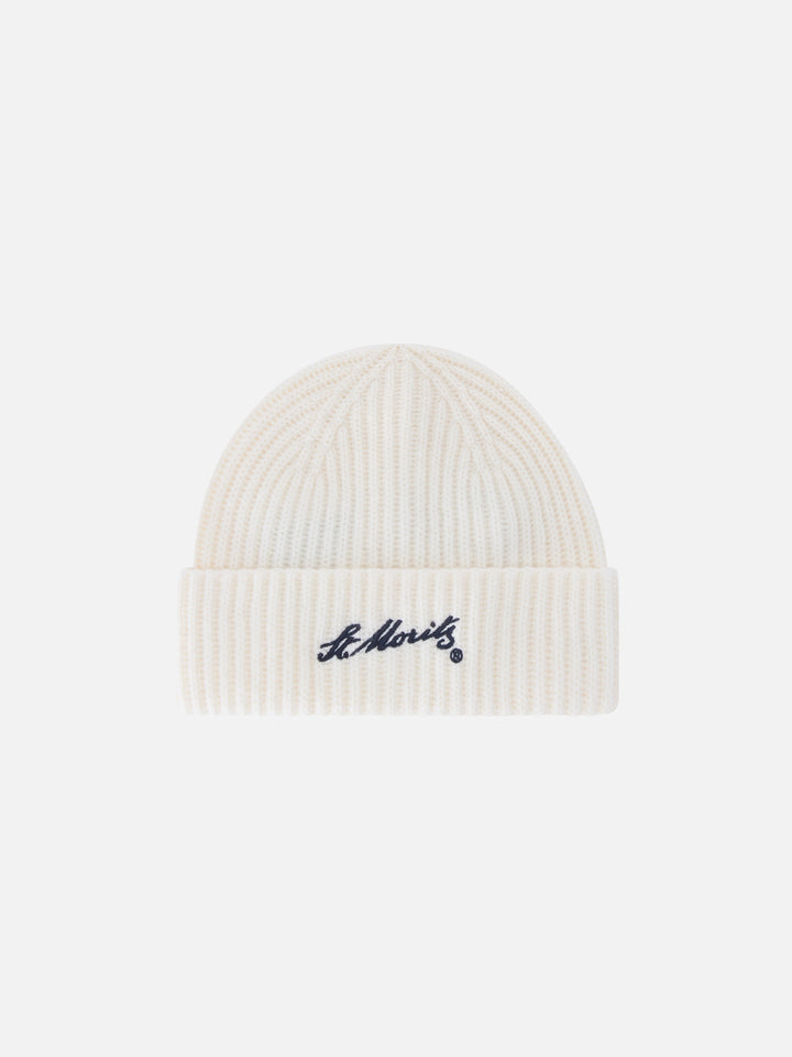 Off-white Wengen Kaschmir-Beanie mit St. Moritz-Stickerei | Special edition 