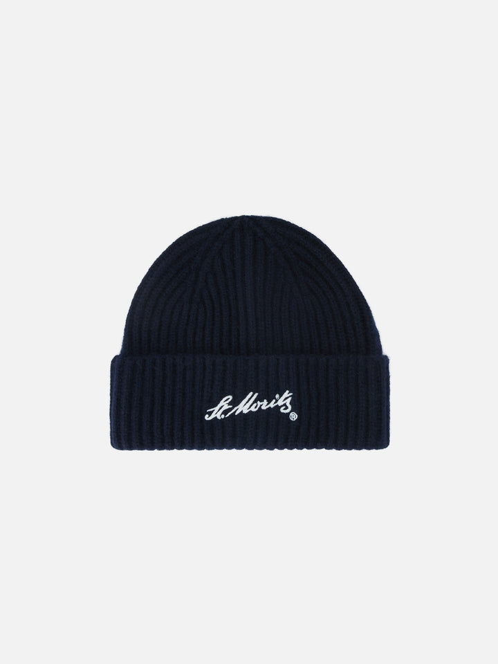 Marineblaues Wengen Kaschmir-Beanie mit St. Moritz-Stickerei | Special edition 