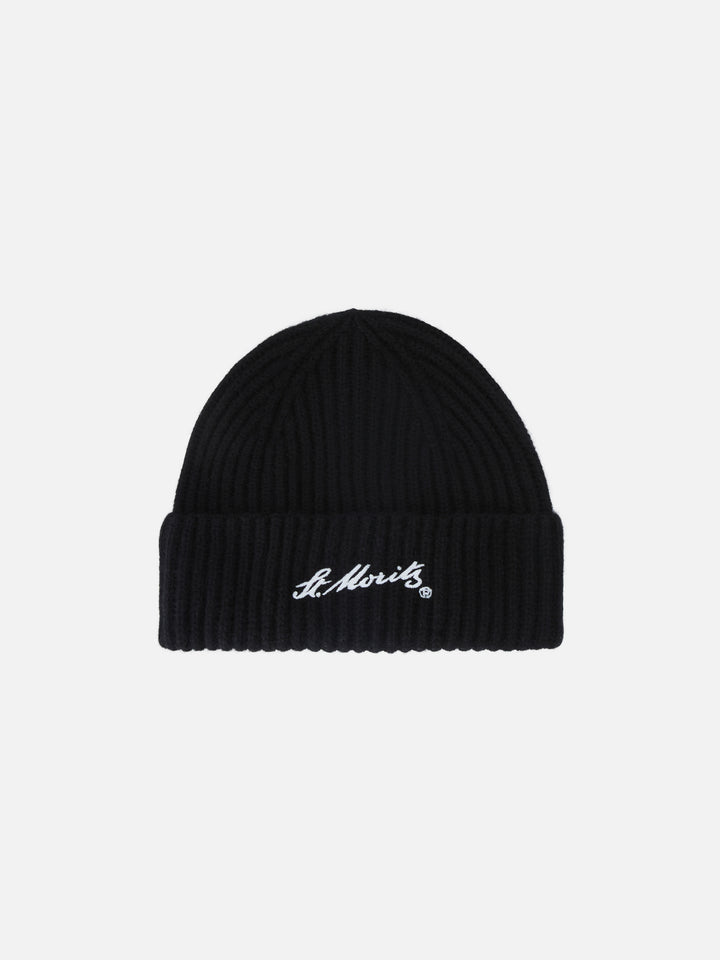Bonnet en cachemire Wengen noir avec broderie St. Moritz | Special edition 