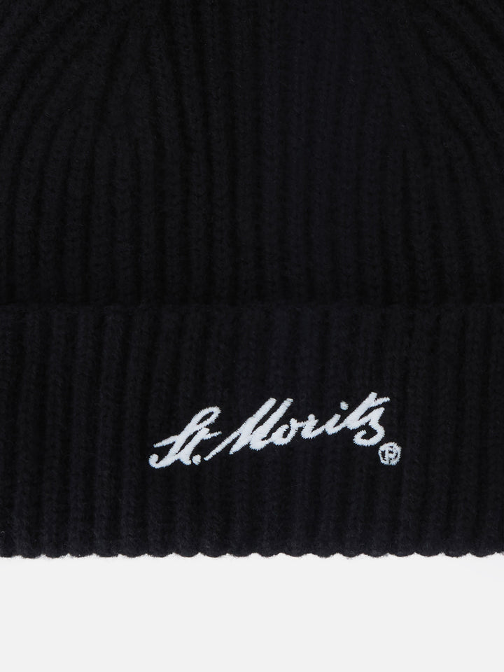 Bonnet en cachemire Wengen noir avec broderie St. Moritz | Special edition 