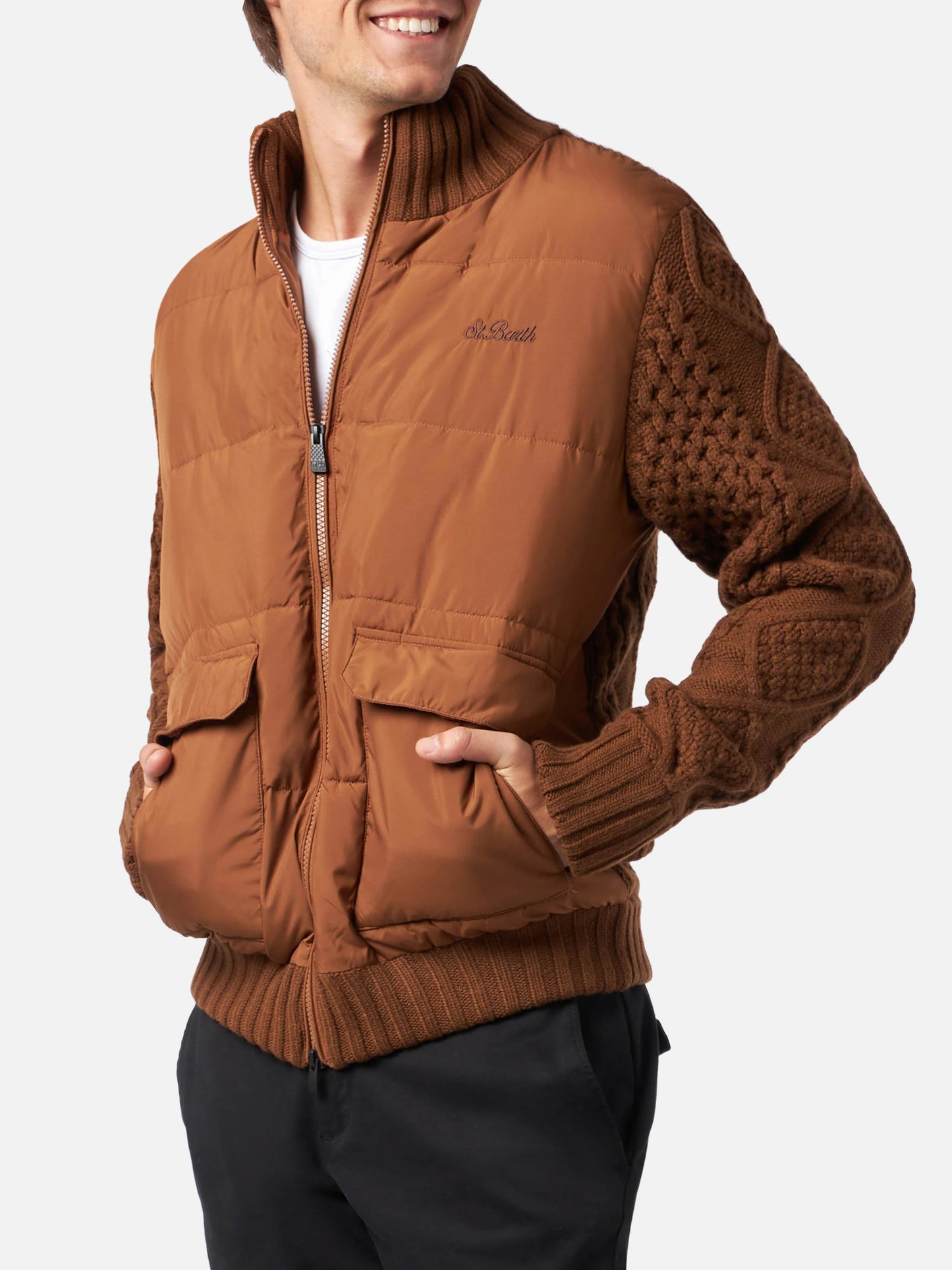 Man brown padded jacket with knitted sleeves