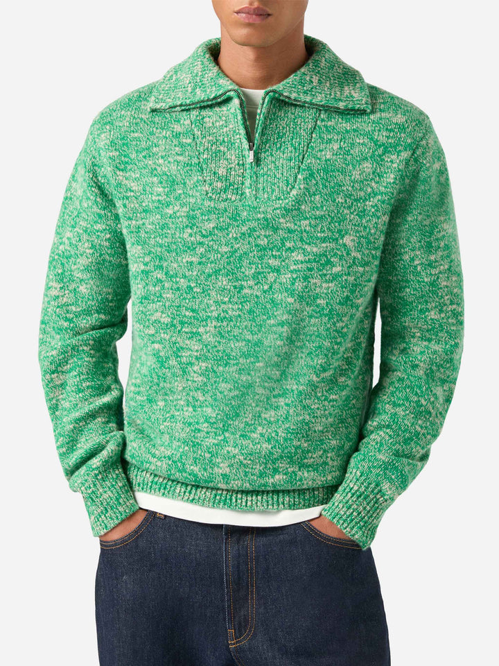 Jersey Wesley verde de lana con media cremallera y punto mouliné 