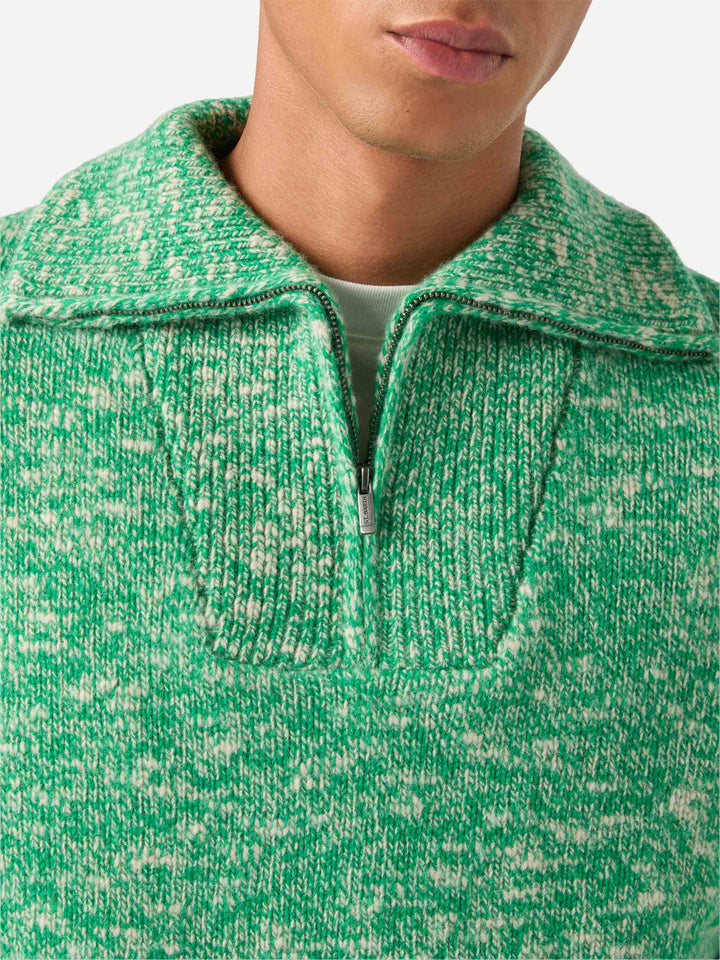 Jersey Wesley verde de lana con media cremallera y punto mouliné 