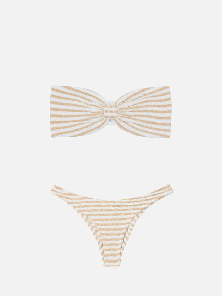 Yulia Elise Bandeau-Crinkle-Bikini mit regulären Swim-Slips und Streifenprint 