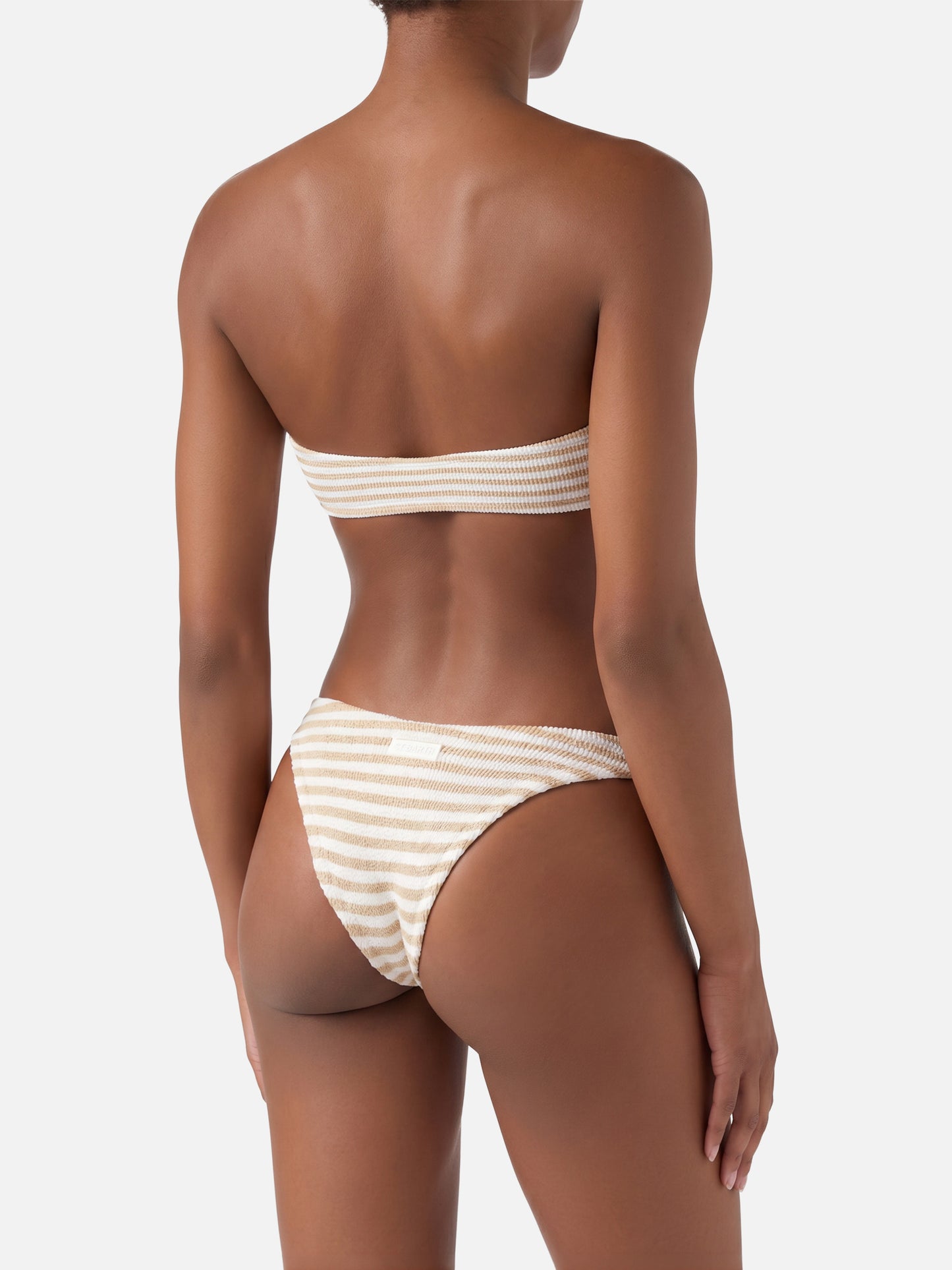 Yulia Elise bandeau crinkle bikini with regular swim briefs and striped print