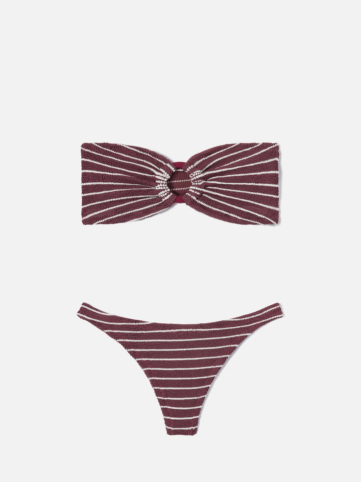 Yulia Naomi bordeaux and white striped crinkle bikini