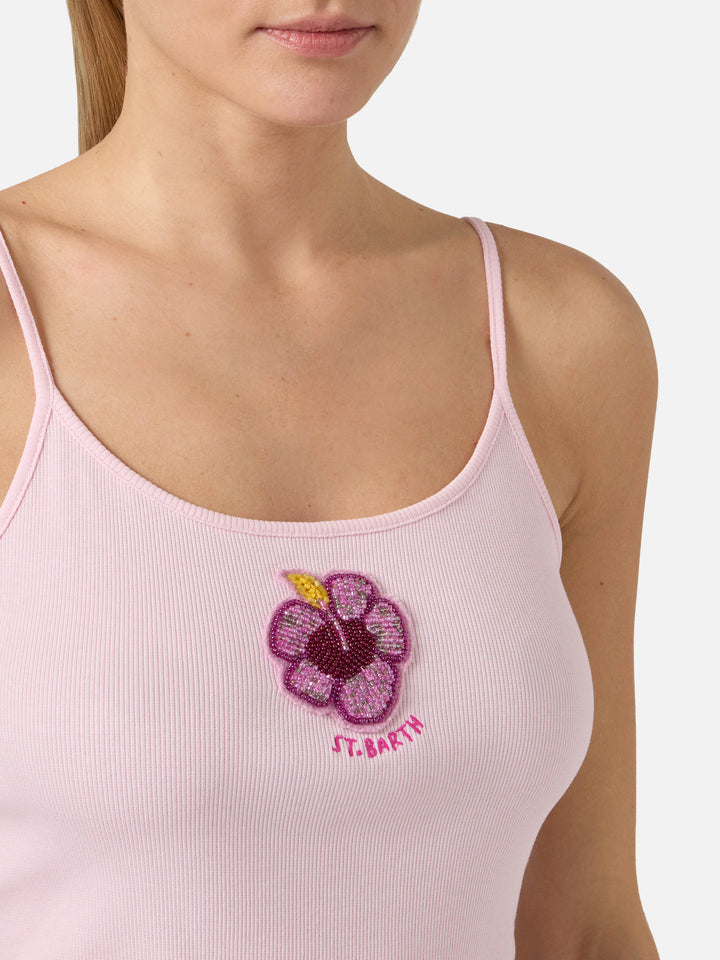 Pink Zaira tank top with embroidered logo and bead patch