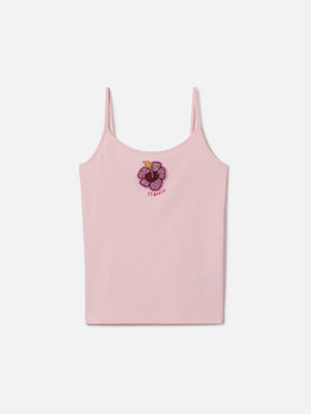 Pink Zaira tank top with embroidered logo and bead patch