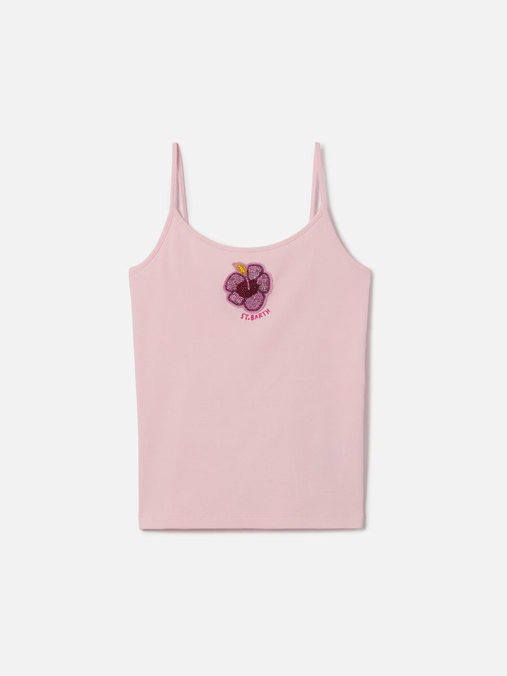 Pink Zaira tank top with embroidered logo and bead patch