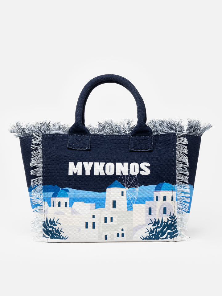 Borsa tote Vanity in tela di cotone cartolina di Mykonos