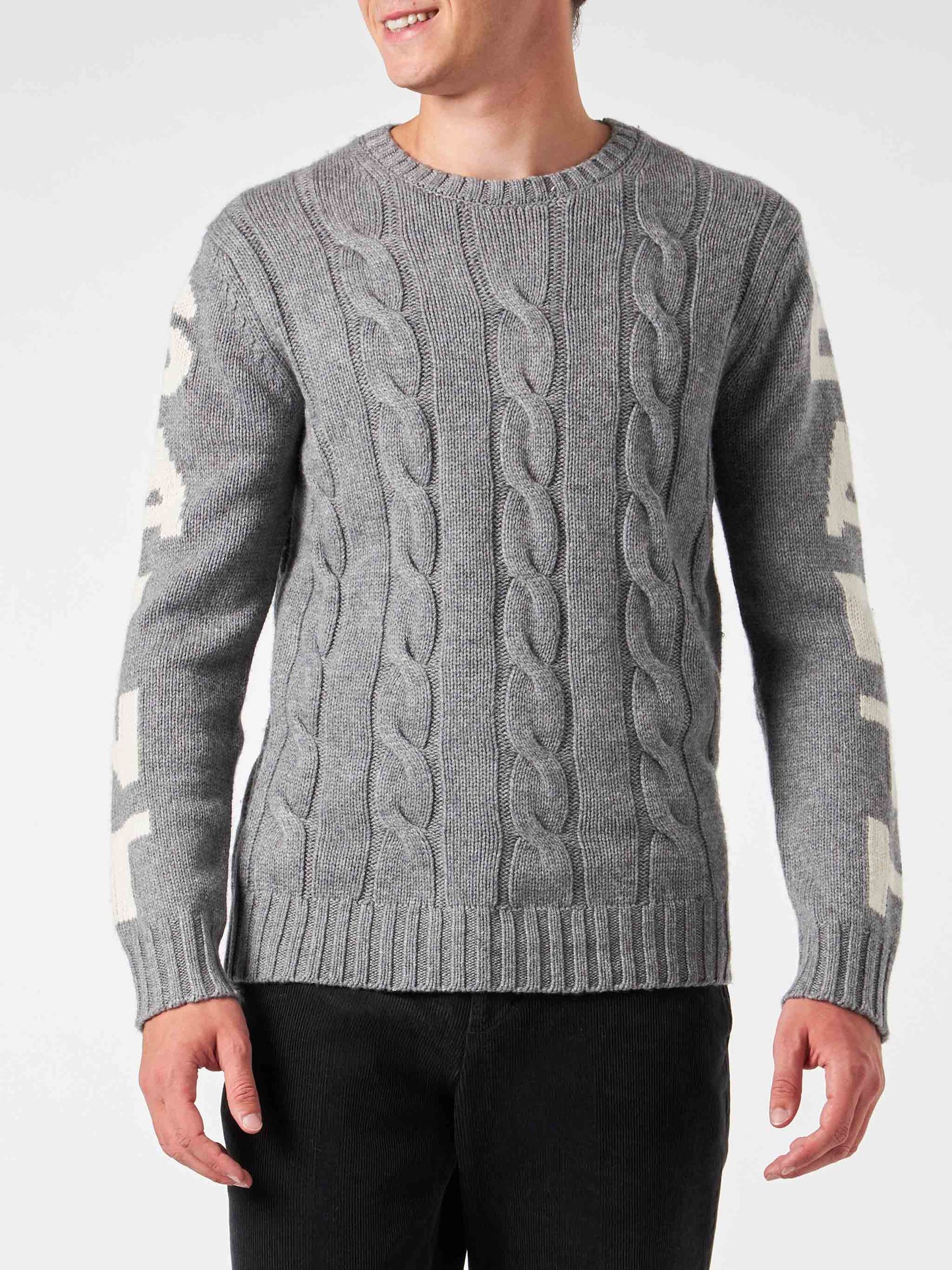 Man grey heavyweight cable knit sweater Bergen - MC2 Saint Barth