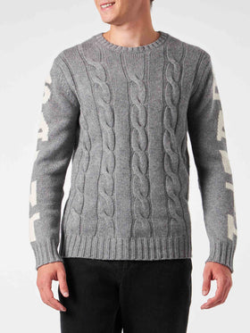 Man grey heavyweight cable knit sweater Bergen - MC2 Saint Barth