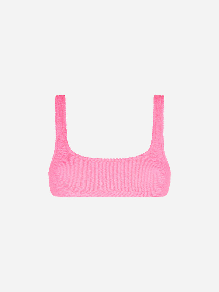 Woman fluo pink crinkle bralette top swimsuit