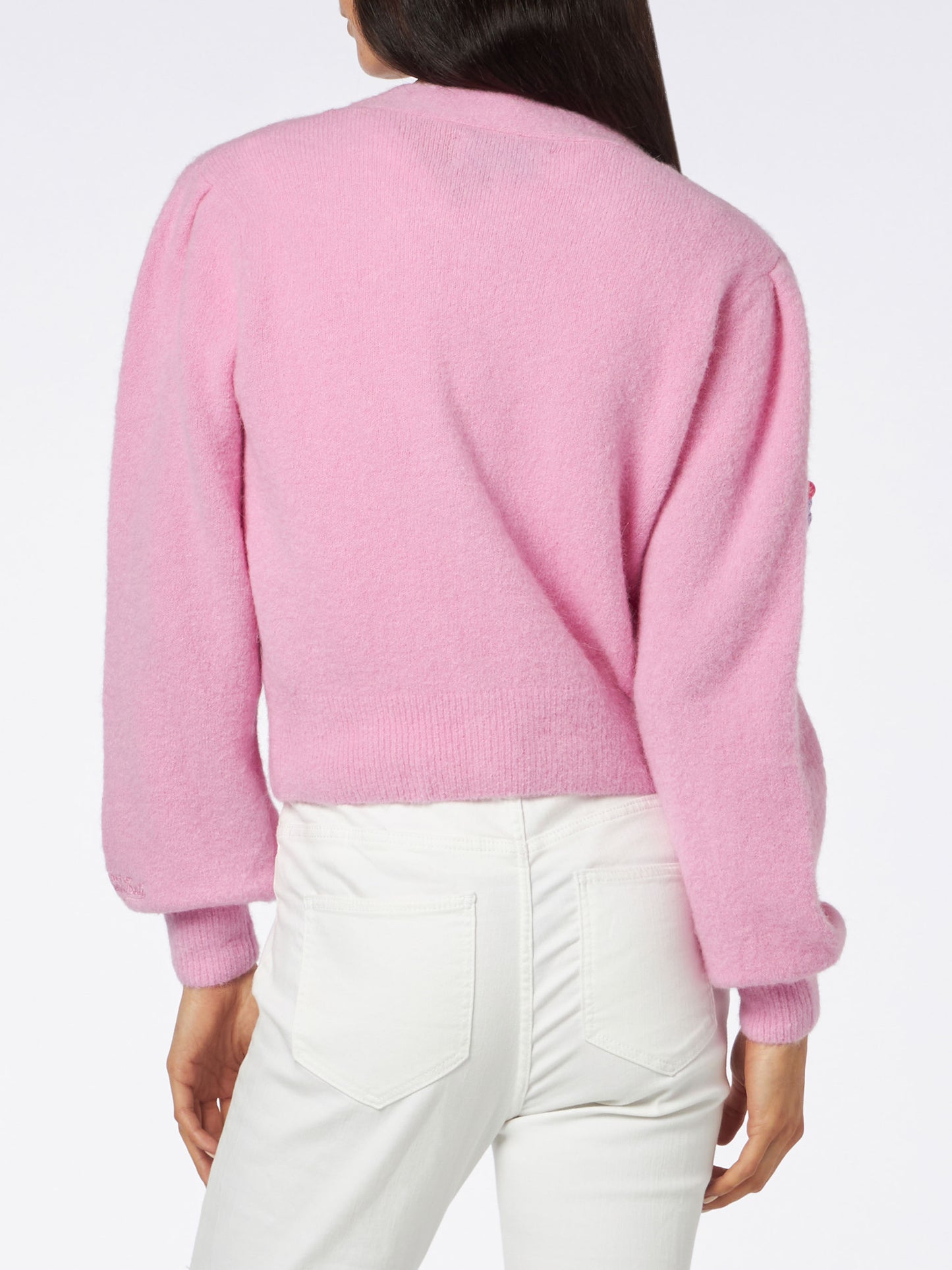 Woman brushed cropped cardigan with puff sleeves