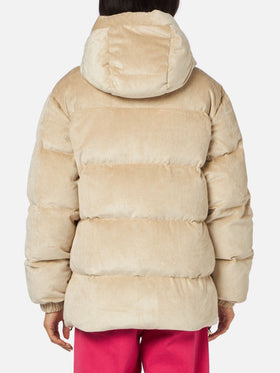 Woman beige corduroy down padded jacket with hoodie