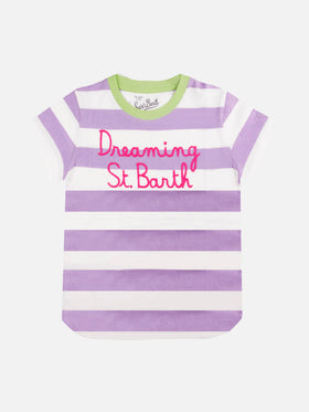Pink and white striped girl's t-shirt with embroided written - MC2 Saint Barth