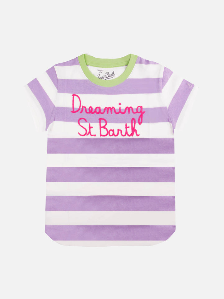 Pink and white striped girl's t-shirt with embroided written - MC2 Saint Barth