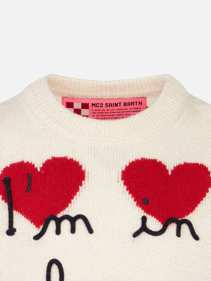 Girl white sweater with heart jacquard - MC2 Saint Barth