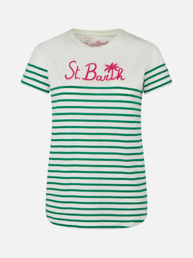 Green striped cotton t-shirt with St. Barth embroidery - MC2 Saint Barth