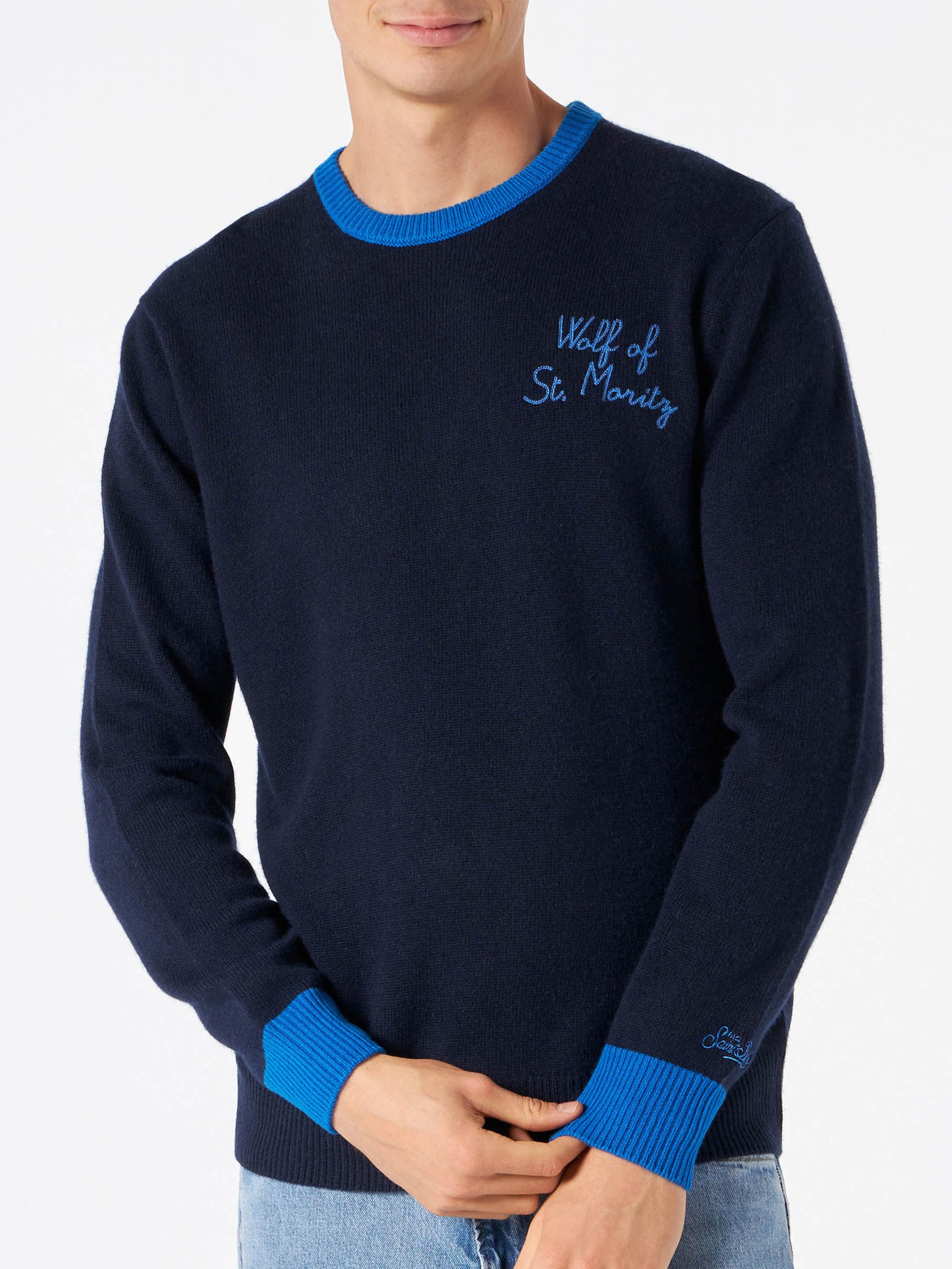 Man navy blue sweater with Wolf of St. Moritz embroidery - MC2 Saint Barth