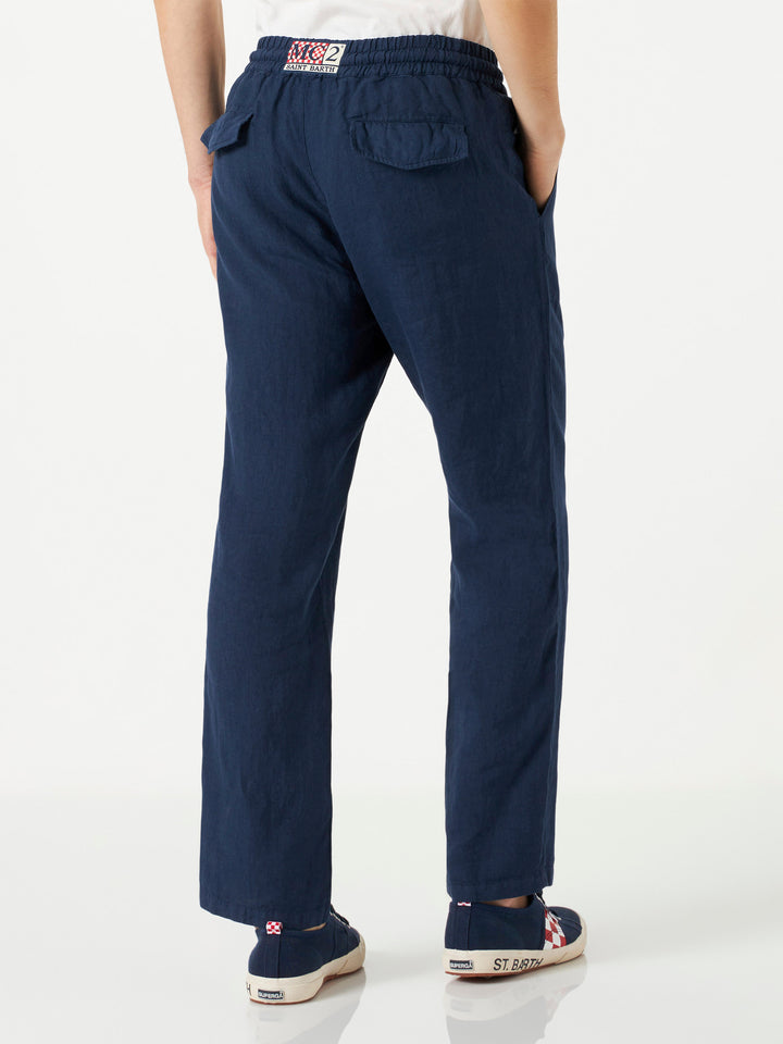 Pantalone da uomo in lino blu navy