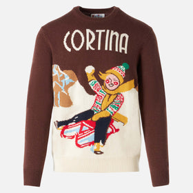 Crewneck sweater with Cortina postcard jacquard