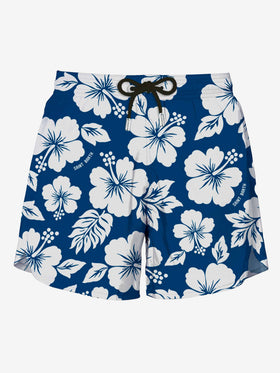 Blue Swim Short mid-lenght with white flower print - MC2 Saint Barth