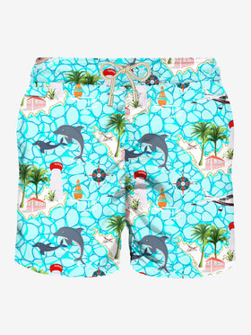 Man light fabric swim shorts with sailing boats print - MC2 Saint Barth