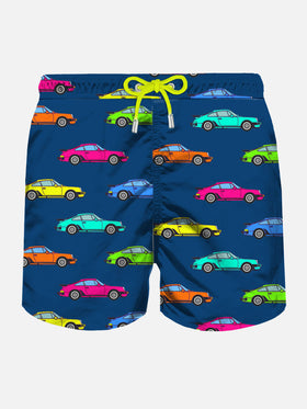 Herren-Badeshorts aus leichtem Stoff mit Autos-Aufdruck