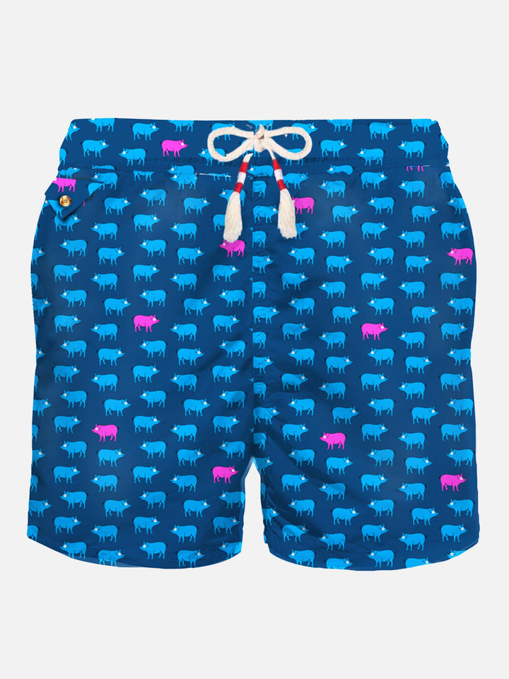 Man light fabric swim shorts with pigs print