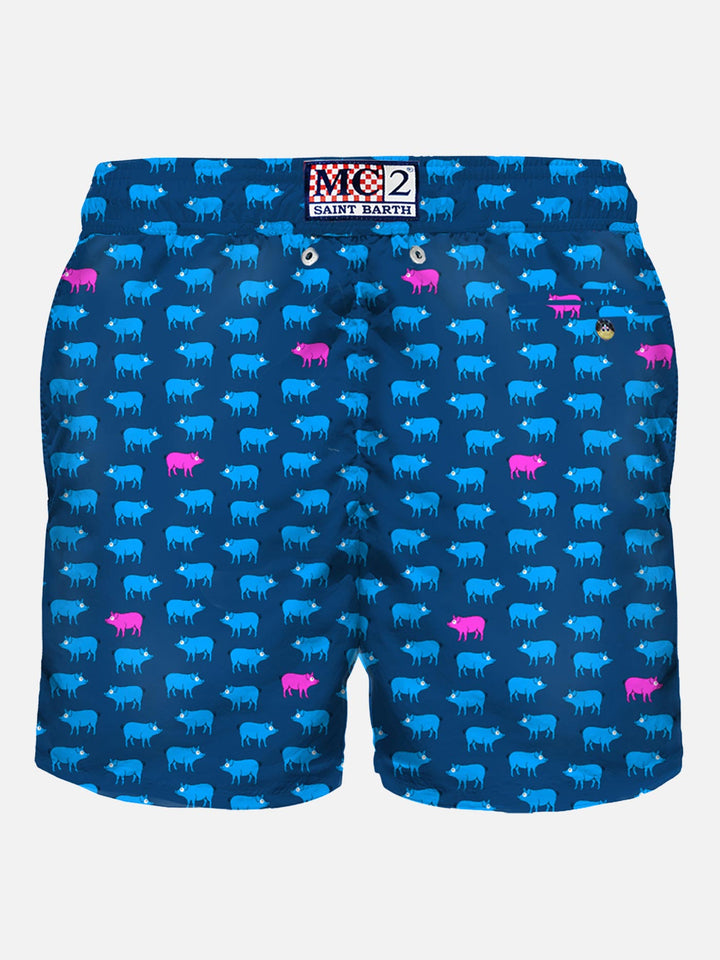 Man light fabric swim shorts with pigs print