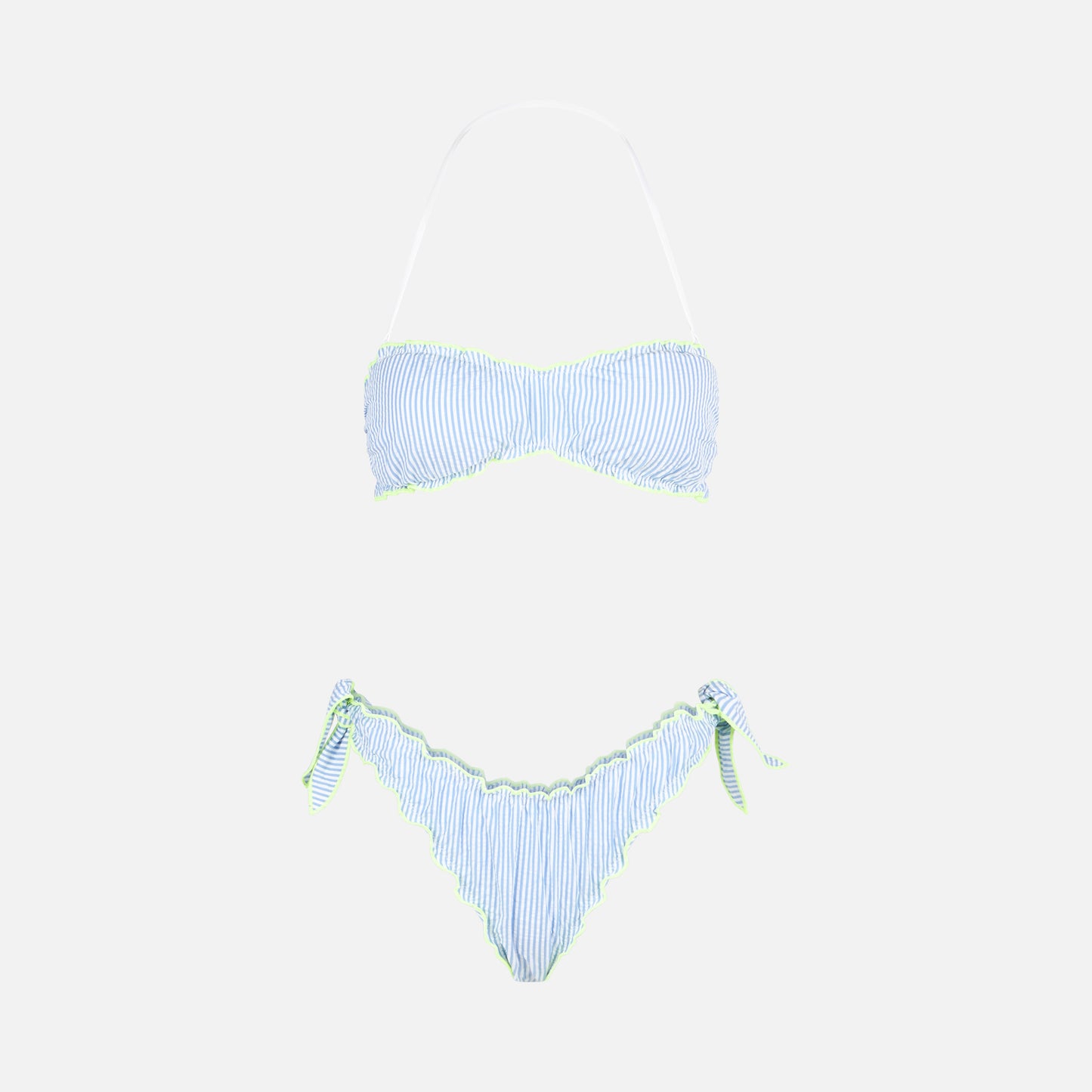 Bikini da donna a fascia in seersucker con stampa a righe
