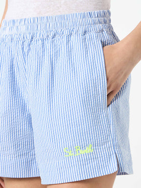 Woman seersucker short pants with striped print